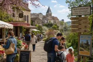 Charming village in Sud Essonne with tourists and locals enjoying outdoor activities, a market, and natural landscapes.