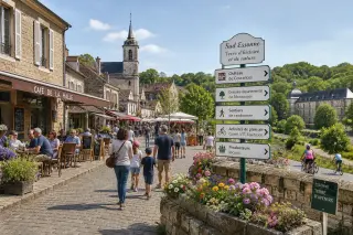Sud Essonne landscape with village square, historic buildings, local café, people enjoying walks and cycling under a sunny sky.