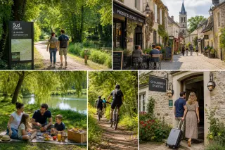 Tourists enjoying activities in a picturesque village of Sud Essonne, with natural parks, local cafes, and family-friendly outdoor spaces.