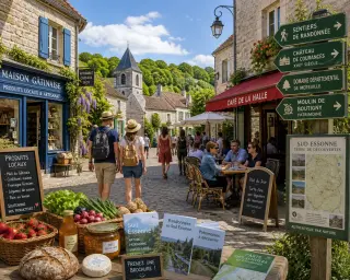 Tourists strolling a charming Sud Essonne village, with cafes, shops, and green surroundings