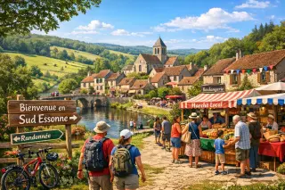 Panoramic view of Sud Essonne countryside with historic village, hikers, and a local market under a bright sky.