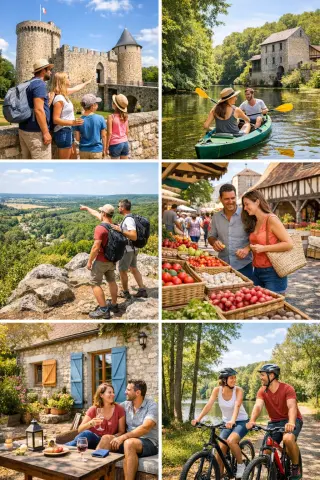 Touristes et locaux profitant d'une escapade conviviale en Sud Essonne, entourés de paysages naturels, villages pittoresques et activités de loisirs.