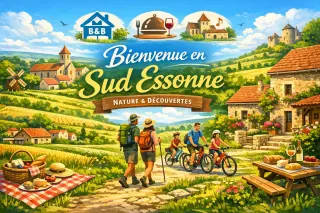 Sud Essonne countryside with villages, hikers, cyclists, and picnic spots highlighting tourism and leisure.