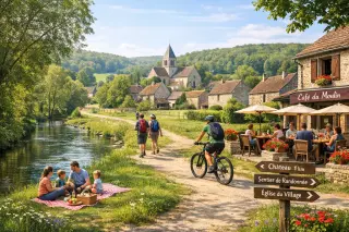 Rural Sud Essonne village with stone houses, green fields, hikers, a family picnic, cyclist, and café under soft spring light.