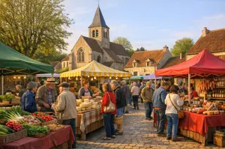 Marché local animé en Sud Essonne avec stands de produits régionaux et visiteurs devant des bâtiments en pierre.