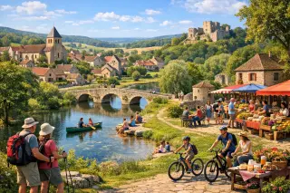 Countryside landscape in Sud Essonne with villages, forests, rivers, tourists enjoying activities.