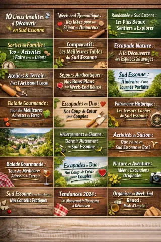 Tableau de titres d'articles variés sur le tourisme et les loisirs en Sud Essonne, affichant diversité de formats et angles éditoriaux.