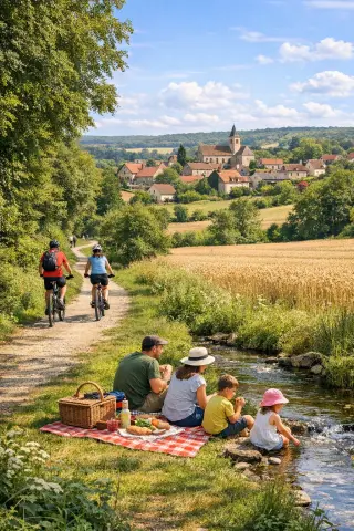 Sud Essonne countryside with a village, local market, and families on trails