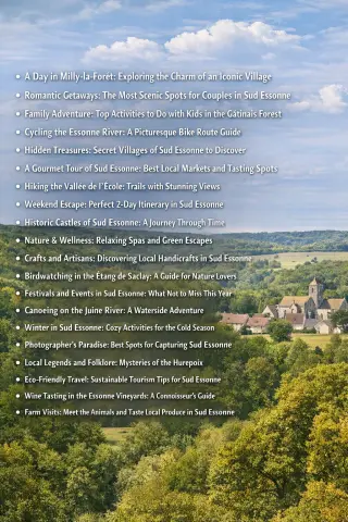 List of 20 editorial SEO article titles focused on distinctive tourism experiences, local recommendations, practical guides, and unique activities in Sud Essonne.