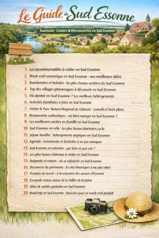 Liste éditoriale pour un blog tourisme sur le Sud Essonne, avec des idées d’articles SEO autour des sorties locales, hébergements et bonnes adresses.