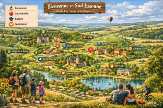 Carte illustrée du Sud Essonne avec familles et couples explorant la nature, des marqueurs pour sites touristiques, restaurants et hébergements