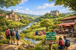 Scenic Sud Essonne landscape with villages, hikers, families, and local café